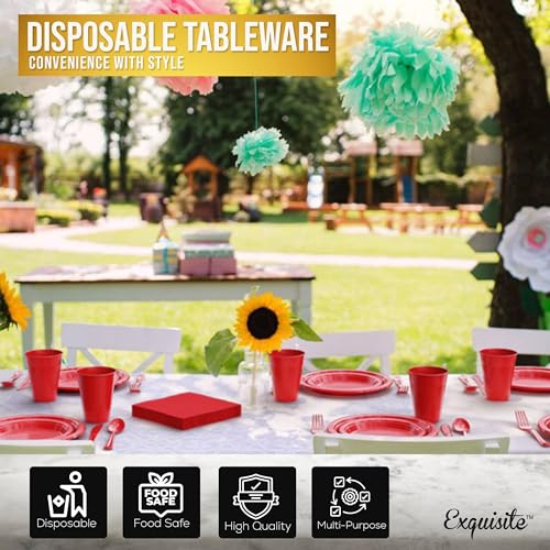 Exquisite 350 Pcs Red Plastic Plates For Party, Red Disposable Plates Set, 50 Of Each 9" Dinner Plate Set, 7" Dessert Plate, Cups, Napkins & Cutlery Plastic Dinnerware Set Exquisite - Image 5