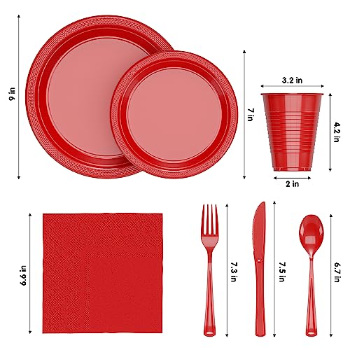 Exquisite 350 Pcs Red Plastic Plates For Party, Red Disposable Plates Set, 50 Of Each 9" Dinner Plate Set, 7" Dessert Plate, Cups, Napkins & Cutlery Plastic Dinnerware Set Exquisite - Image 2