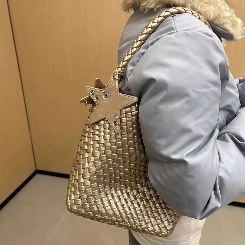 French-Style High-End Niche Design Woven Handbag Tote Casual Lazy Style Single Shoulder Underarm Bucket Bag Trendy - Image 5
