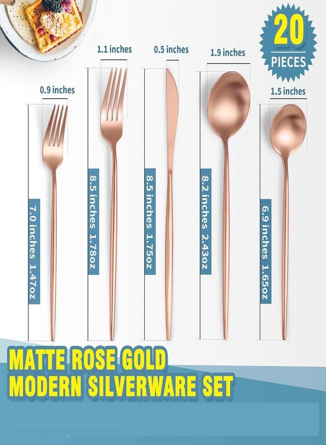 BLURISM Matte Rose Golden Silverware SetGugrida 5pcs Stainless Steel Satin Finish Flatware Set Kitchen Utensil Set Tableware Travel Cutlery Set for Camping Office or School Lunch Dishwasher Safe - Image 3