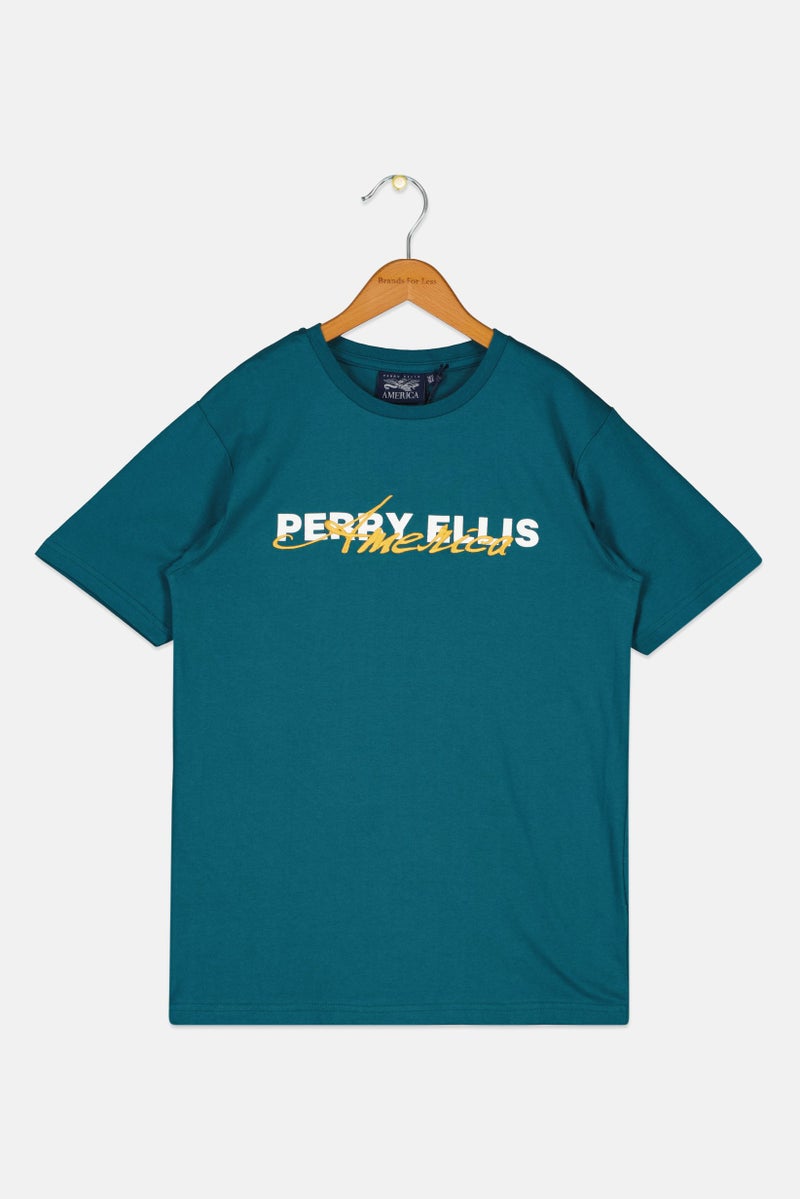 PERRY ELLIS Kids Boy Short Sleeve Brand Logo T-Shirt, Teal Green - Image 1
