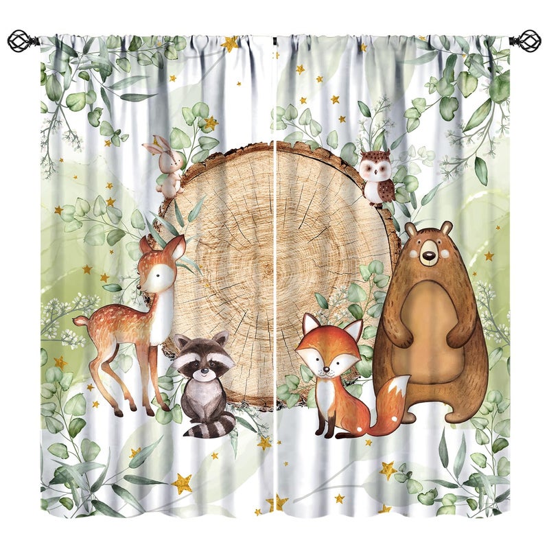Janjcurt Rustic Woodland Stertains Cute Forest Animals Strupes Country Lodge Cabin Animal Animal Bear Bear Fox Window Window for Kids Bedroom Room (W21XL45 Inch) X2 Planels - Image 1