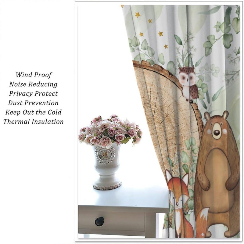 Janjcurt Rustic Woodland Stertains Cute Forest Animals Strupes Country Lodge Cabin Animal Animal Bear Bear Fox Window Window for Kids Bedroom Room (W21XL45 Inch) X2 Planels - Image 5