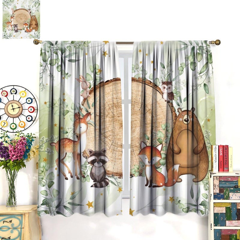 Janjcurt Rustic Woodland Stertains Cute Forest Animals Strupes Country Lodge Cabin Animal Animal Bear Bear Fox Window Window for Kids Bedroom Room (W21XL45 Inch) X2 Planels - Image 3