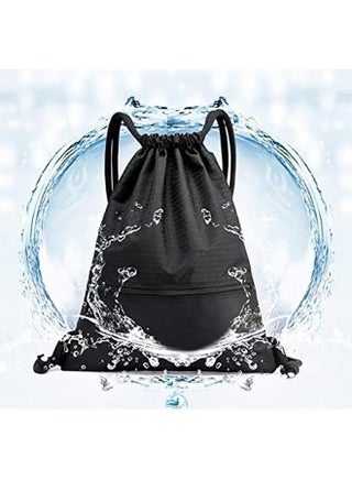Drawstring Backpack,Sports Canvas Bag,Waterproof Oxford Fabric Drawstring Bag,Swimming Bag,Basketball Bag,Soccer Bag,Zipper 43*49cm(Black) - view 2