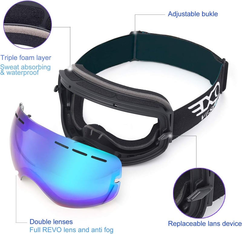 EXP VISION Snowboard Ski Goggles Men Women Youth, Anti Fog OTG Winter Snow Goggles Spherical Detachable Lens - Image 3