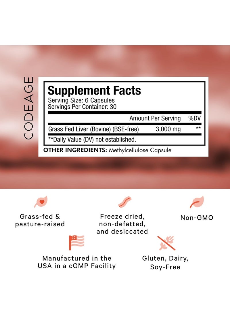 Codeage - Grass Fed Beef Liver Supplement Superfood, Freeze Dried, Non-Defatted, Desiccated Beef Liver Glandulars Bovine Pills, Liver Health, Pasture Raised Beef Vitamins, Non-GMO, 180 Capsules - Image 1