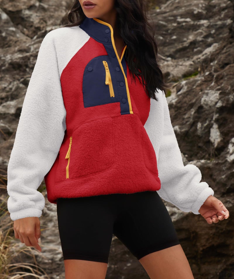 Yanekop Fleece Pullover Women Oversized Button Down Sweatshirts Cozy Fall Sweaters Long Sleeve V Neck Sweaters(White Red Mixed,M) - Image 4
