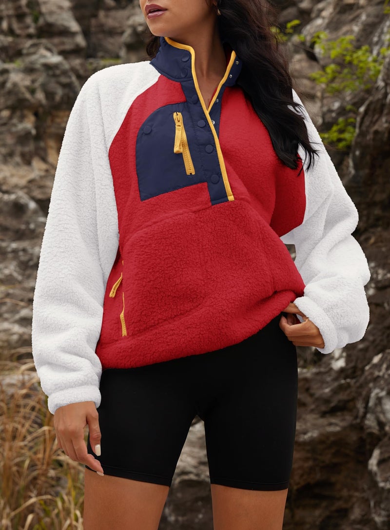Yanekop Fleece Pullover Women Oversized Button Down Sweatshirts Cozy Fall Sweaters Long Sleeve V Neck Sweaters(White Red Mixed,M) - Image 3