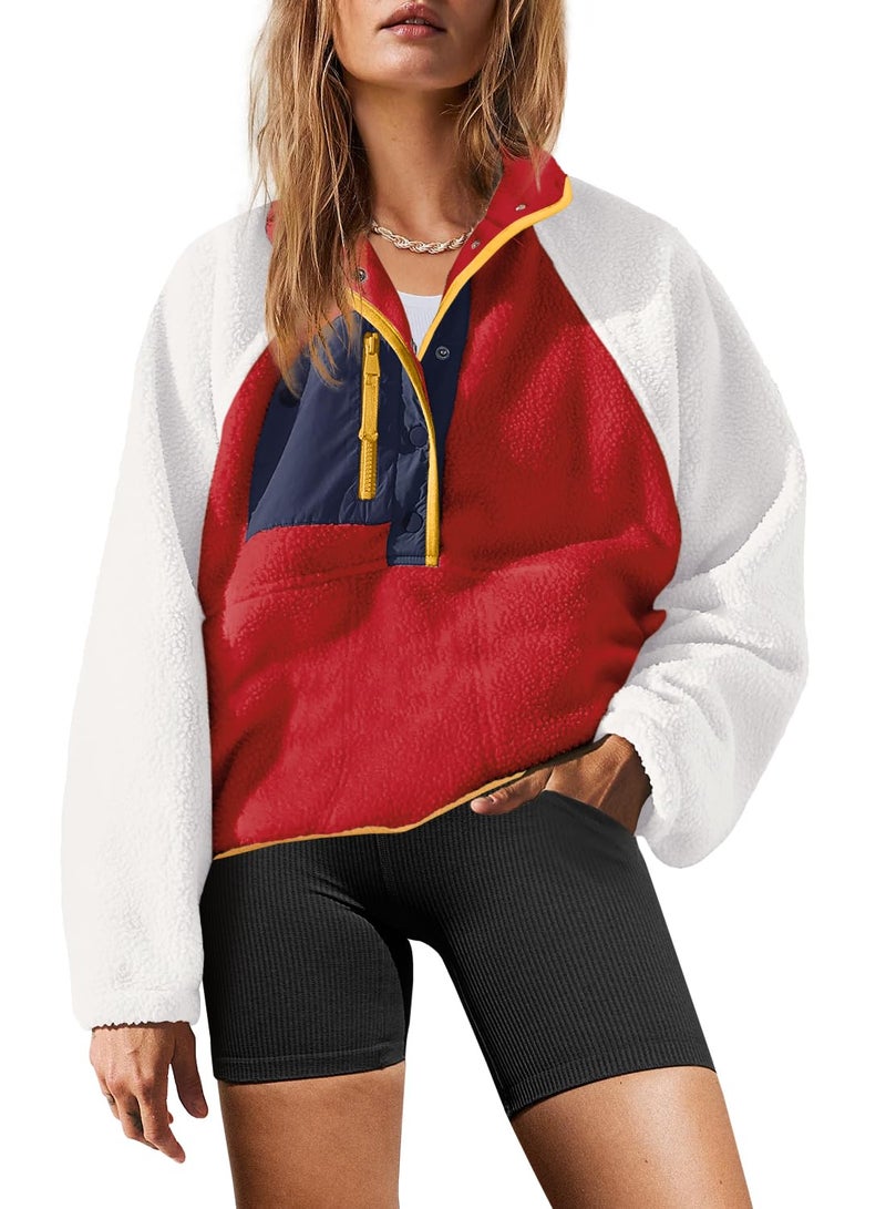 Yanekop Fleece Pullover Women Oversized Button Down Sweatshirts Cozy Fall Sweaters Long Sleeve V Neck Sweaters(White Red Mixed,M) - Image 1