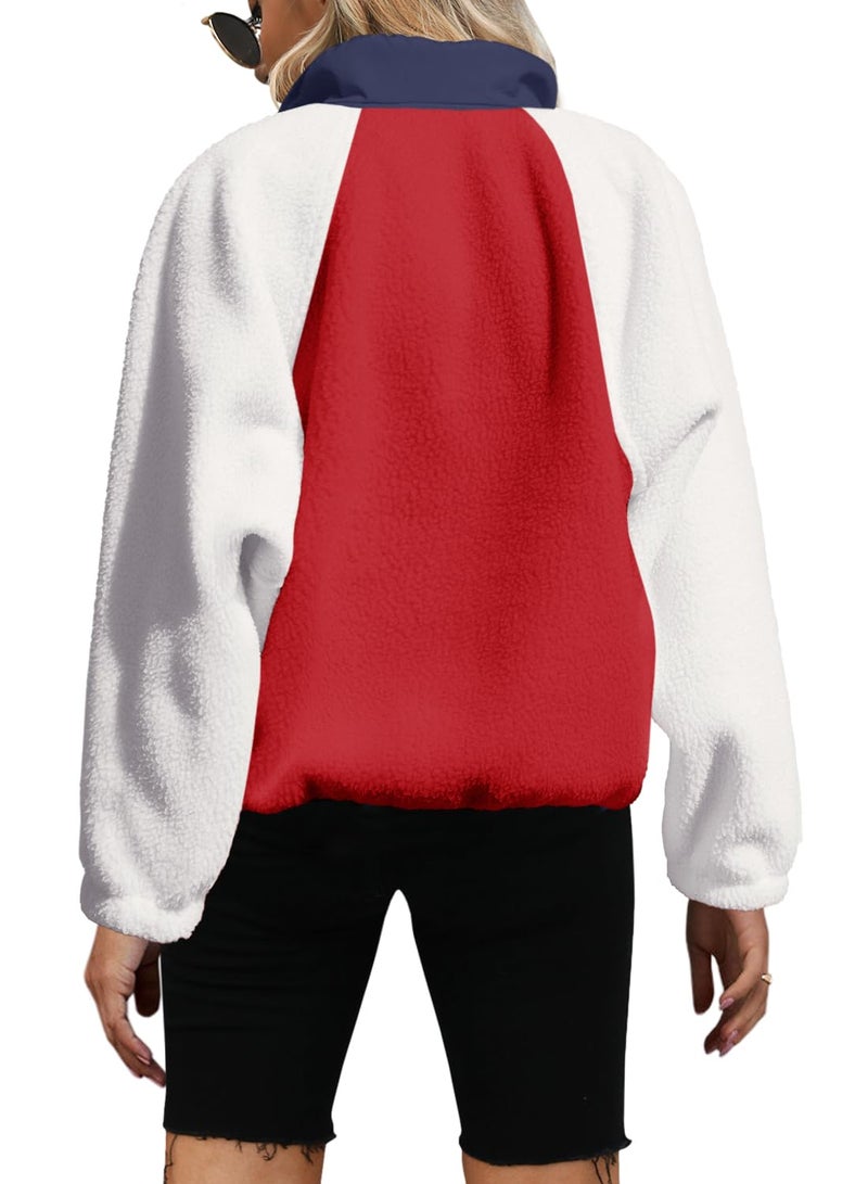 Yanekop Fleece Pullover Women Oversized Button Down Sweatshirts Cozy Fall Sweaters Long Sleeve V Neck Sweaters(White Red Mixed,M) - Image 2
