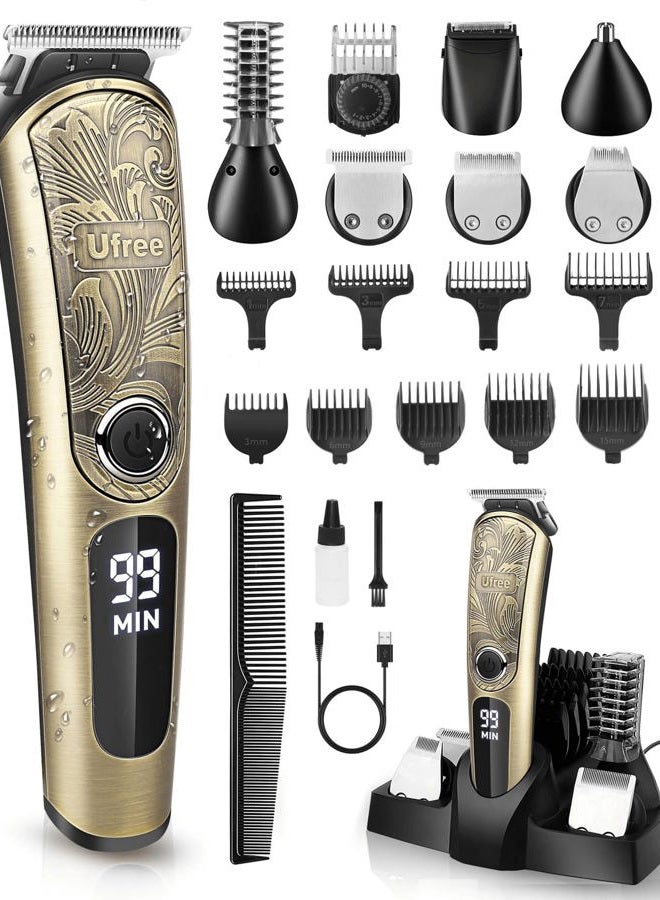 UFREE هدايا للرجال، ماكينة حلاقة اللحية مع قاعدة شحن، ماكينة حلاقة كهربائية مقاومة للماء IPX7 للرجال، مقصات لقص الشعر، مجموعة العناية بالرجال للشارب والأنف والوجه والجسم - Image 1