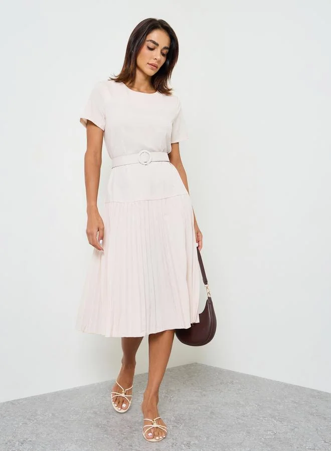 Take Two Beige A-Line Midi Dress with Short Sleeves