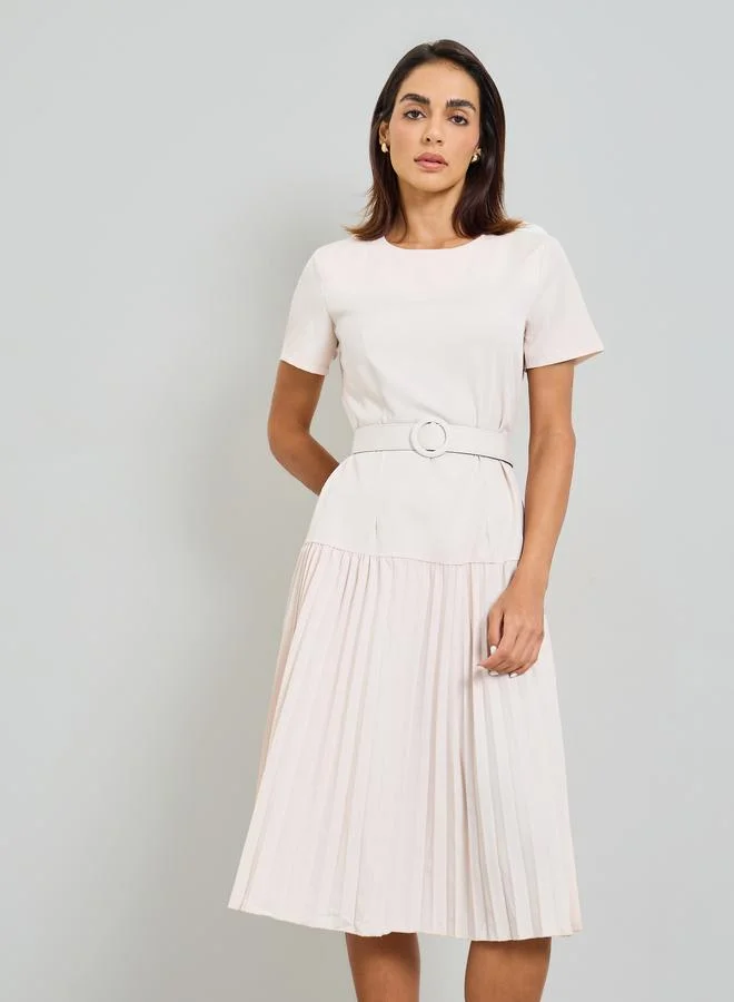 Take Two Beige A-Line Midi Dress with Short Sleeves