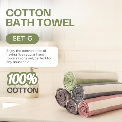Värde Premium Multicolour Handloom Towels for Bath | 180 GSM | Bath Towel | Towel for Men & Women | Size 30 x 60 Inches | Striped & Solid Pattern (Green, Black, Grey, Brown & Pink, Set of 5) - Image 2