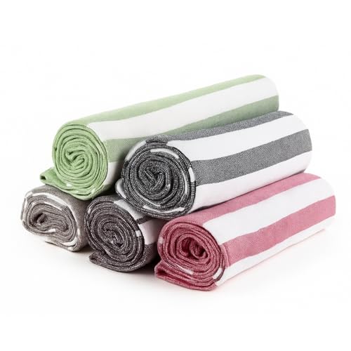 Värde Premium Multicolour Handloom Towels for Bath | 180 GSM | Bath Towel | Towel for Men & Women | Size 30 x 60 Inches | Striped & Solid Pattern (Green, Black, Grey, Brown & Pink, Set of 5) - Image 1
