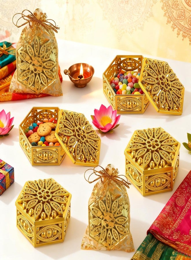 Stuffygreenus 12 Set Indian Return Gifts for Pooja Bulk Hollow Hexagon Diwali Candy Boxes Decorative Golden Candy Containers Storage Gift Boxes for Diwali Pooja Wedding Christmas Birthday Party Favors - Image 4