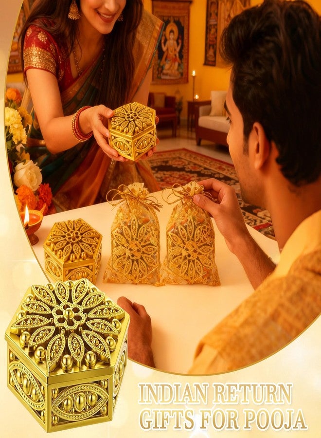 Stuffygreenus 12 Set Indian Return Gifts for Pooja Bulk Hollow Hexagon Diwali Candy Boxes Decorative Golden Candy Containers Storage Gift Boxes for Diwali Pooja Wedding Christmas Birthday Party Favors - Image 5