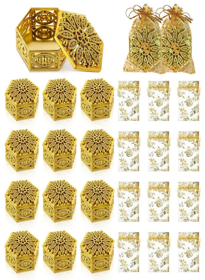 Stuffygreenus 12 Set Indian Return Gifts for Pooja Bulk Hollow Hexagon Diwali Candy Boxes Decorative Golden Candy Containers Storage Gift Boxes for Diwali Pooja Wedding Christmas Birthday Party Favors - Image 1