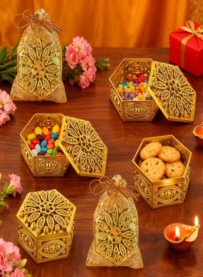 Stuffygreenus 12 Set Indian Return Gifts for Pooja Bulk Hollow Hexagon Diwali Candy Boxes Decorative Golden Candy Containers Storage Gift Boxes for Diwali Pooja Wedding Christmas Birthday Party Favors - Image 3
