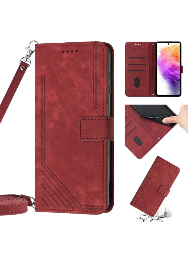BGM Case Cover For Samsung Galaxy A51 4G / M40s Skin Feel Stripe Pattern Leather Phone Case with Lanyard Red