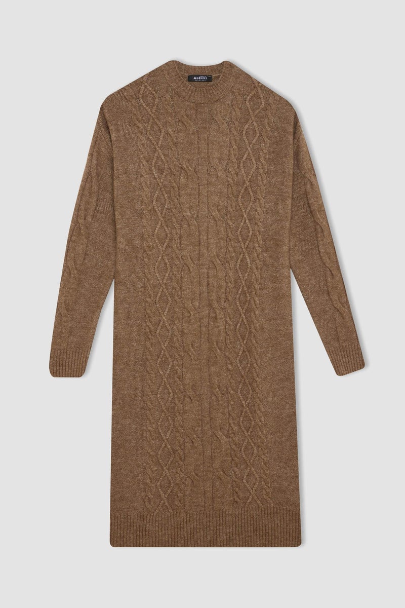 DeFacto Brown Woman Regular Fit Crew Neck Dress Casual - Image 5