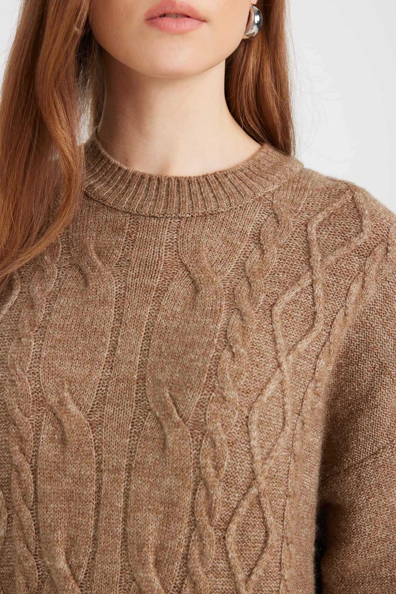 DeFacto Brown Woman Regular Fit Crew Neck Dress Casual - Image 3