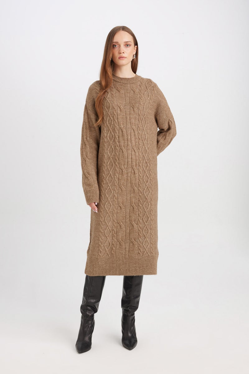 DeFacto Brown Woman Regular Fit Crew Neck Dress Casual - Image 4