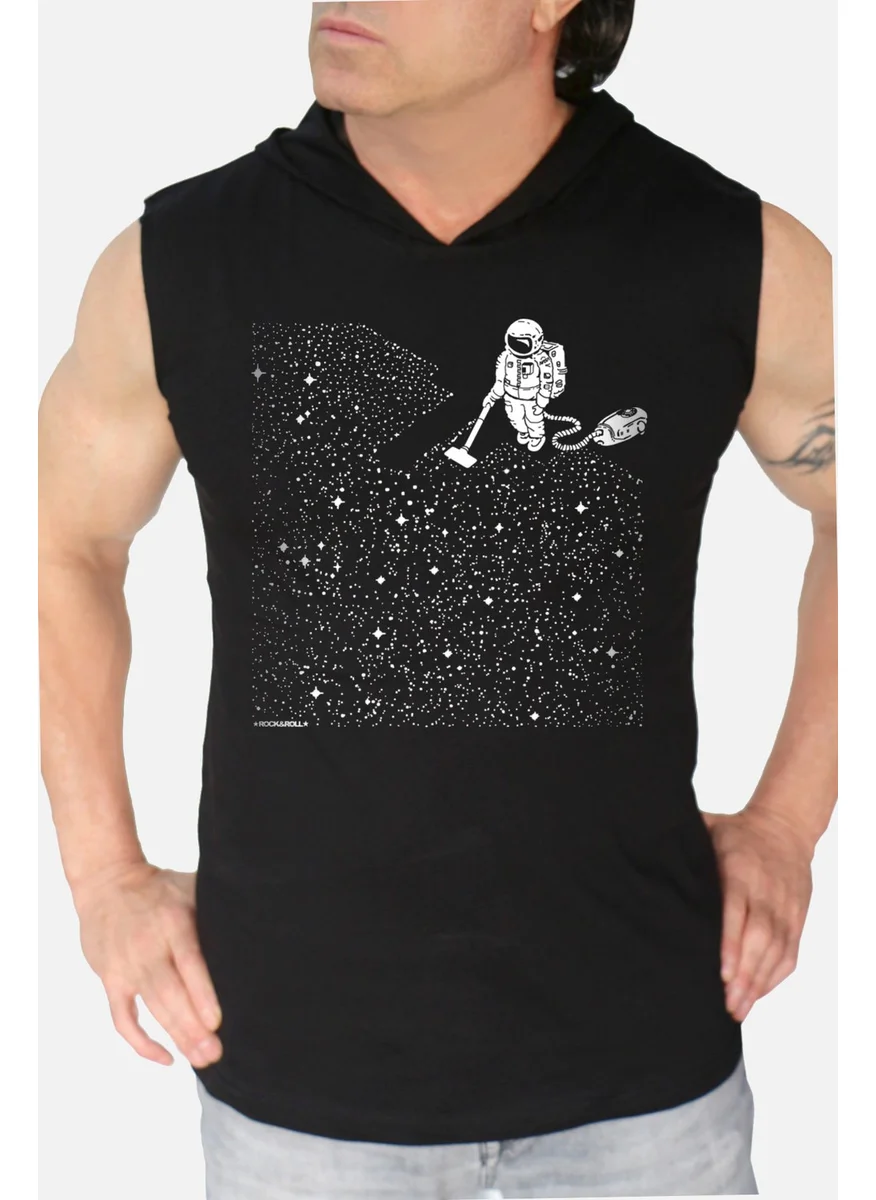 Rock&Roll Astronaut with Broom Black Hooded Sleeveless T-Shirt