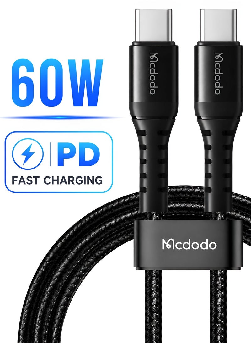 Mcdodo 60W USB-C to USB-C Bending Reinforced Cable 1m, PD Fast Charging, Nylon Braided, for iPhone 15 16, Samsung Galaxy, Android, Tablets and Laptops, Black, CA-5641 - Image 1