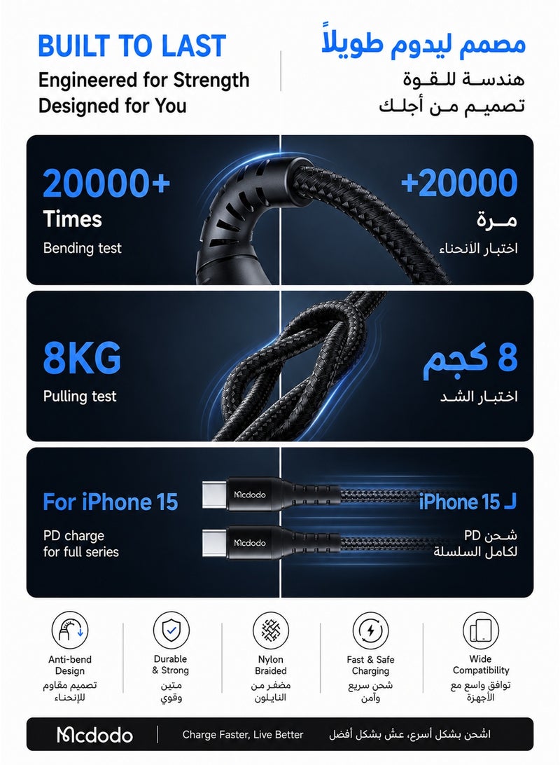 Mcdodo 60W USB-C to USB-C Bending Reinforced Cable 1m, PD Fast Charging, Nylon Braided, for iPhone 15 16, Samsung Galaxy, Android, Tablets and Laptops, Black, CA-5641 - Image 3