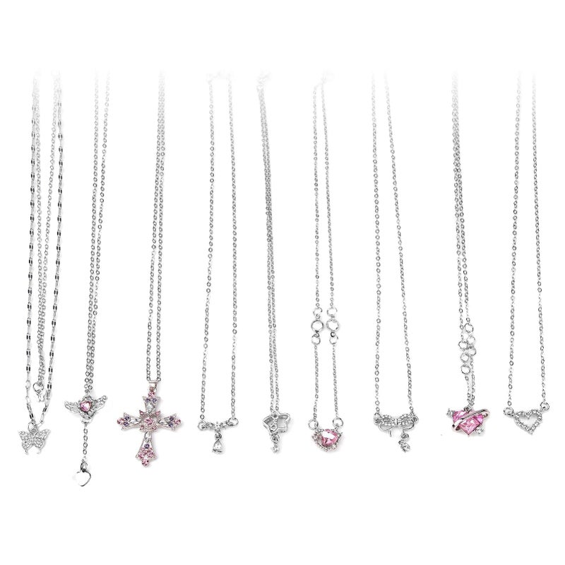 CZMZHFC 9 Pcs Y2K Necklace Set for Women, Goth Grunge Jewelry with Gothic Cross, Fairy Angel, Heart Wings, Butterfly, Pink Rhinestone Pendant and Choker, Premium Gifts for Friends Family on Birthday Holiday - Image 1
