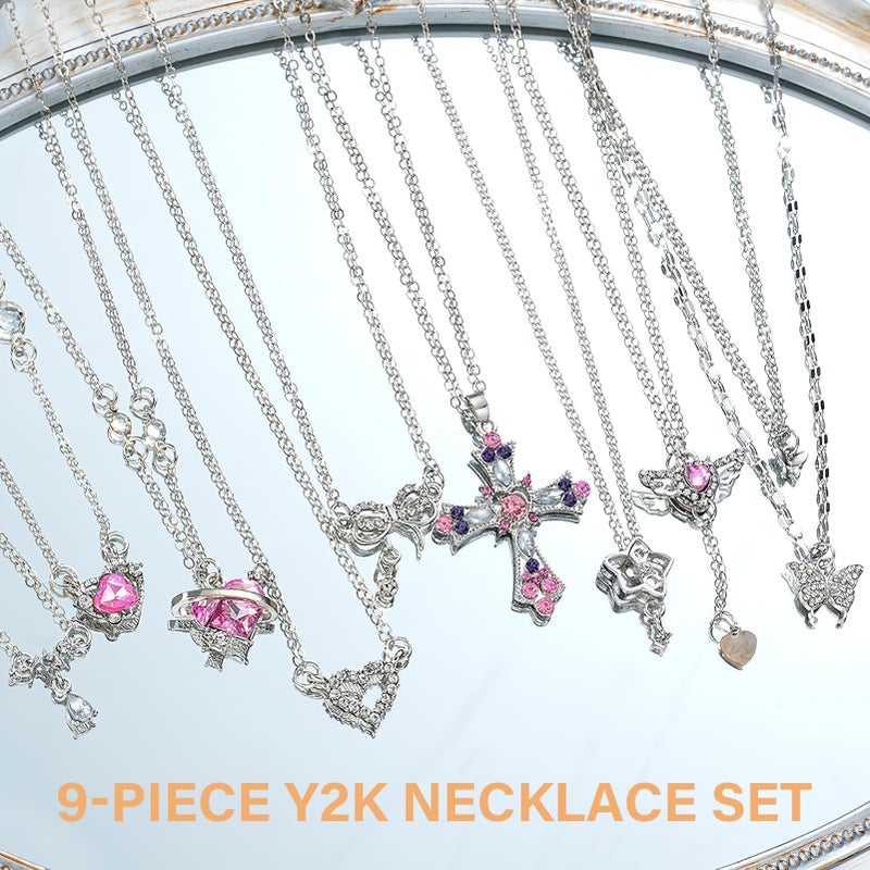CZMZHFC 9 Pcs Y2K Necklace Set for Women, Goth Grunge Jewelry with Gothic Cross, Fairy Angel, Heart Wings, Butterfly, Pink Rhinestone Pendant and Choker, Premium Gifts for Friends Family on Birthday Holiday - Image 2