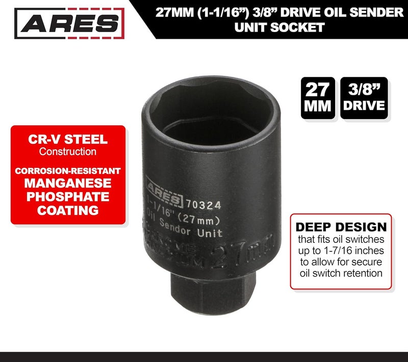 ARES 70324-3/8-Inch Drive 1 1/16-Inch (27mm) Oil Sender Unit Socket - Design Fits Oil Switches Up to 1 7/16 Inches Deep - High Strength Chrome Vanadium Steel with Manganese Phosphate Coating - Image 1