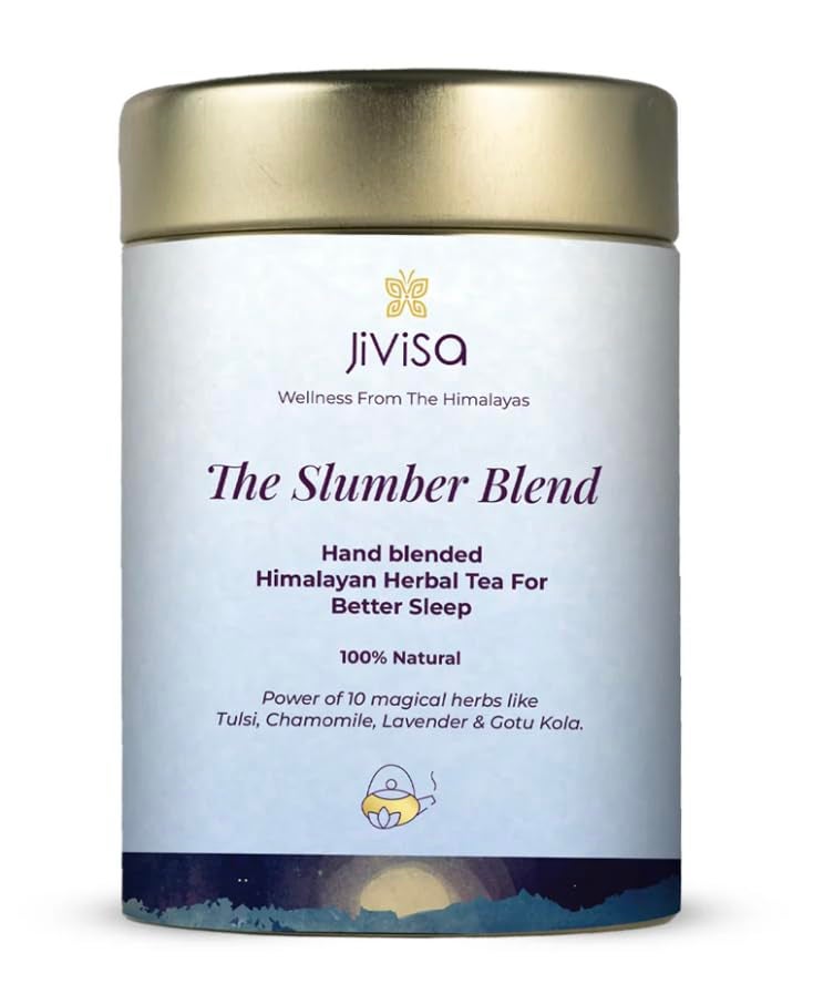 JiViSa The Slumber Blend Sleep Inducing Herbal Tea (Tin, Tisane 50g) blend of Tulsi, Chamomile, Lavender, and Gotu Kola calms your mind and body, reducing stress and anxiety.