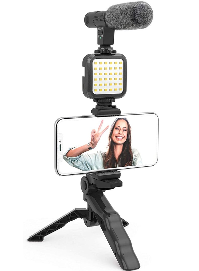 Vlogging"Like Me" LED Video Light + Microphone + Mobile Phone Holder + Hand Grip/Mini Tripod Compatible with Smartphones for TikTok, Youtube, Live Streaming and Meetings  - Image 1