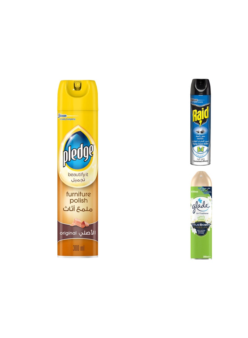 أس سي جونسون معطر جو برائحة الياسمين ٣٠٠ مل + قاتل الحشرات الطائرة عديم الرائحة 400 مل + ملمع أثاث الاصلى 300 مل - Image 1