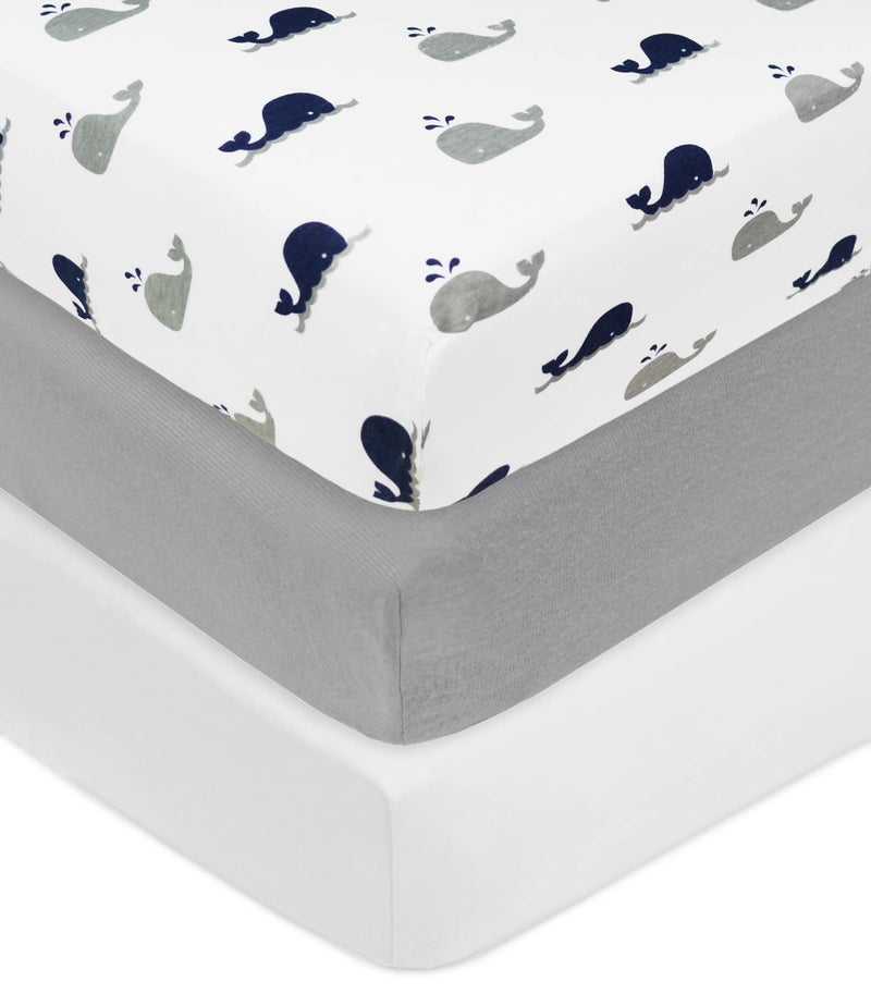 American Baby Company American Baby Company 3 Pack 100 Natural Cotton Fitted Crib Sheets 52 x 28 Soft Breathable Hypoallergenic Gentle Toddler Bed Sheets Navy WhaleGrayWhite Neutral for Boys Girls 