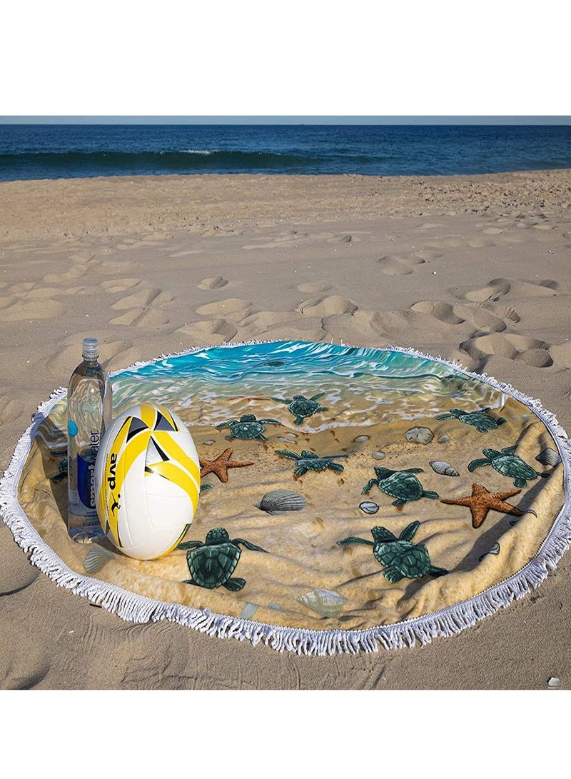 SOLARAE Round Beach Towel Blanket with Tassels 150cm Large Beach Towel Soft Absorbent Fast Dry Microfiber Beach Blanket for Men and Women Travel Swimming Pool Beach Round Picnic Table Mat - Image 4