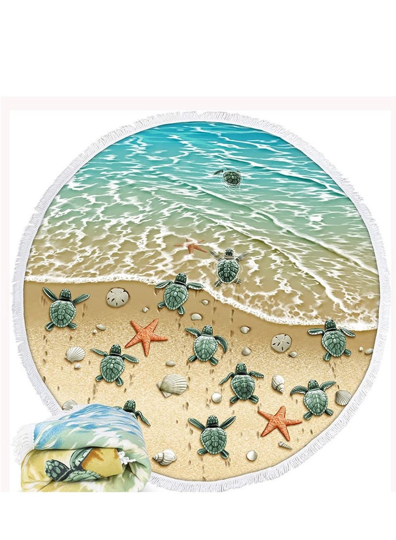 SOLARAE Round Beach Towel Blanket with Tassels 150cm Large Beach Towel Soft Absorbent Fast Dry Microfiber Beach Blanket for Men and Women Travel Swimming Pool Beach Round Picnic Table Mat - Image 1