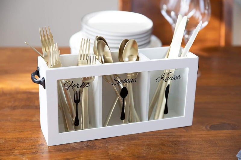 Blu Monaco Cutlery Caddy - White Wood Organizer with Three Compartments for Forks, Spoons, and Knives - Image 4