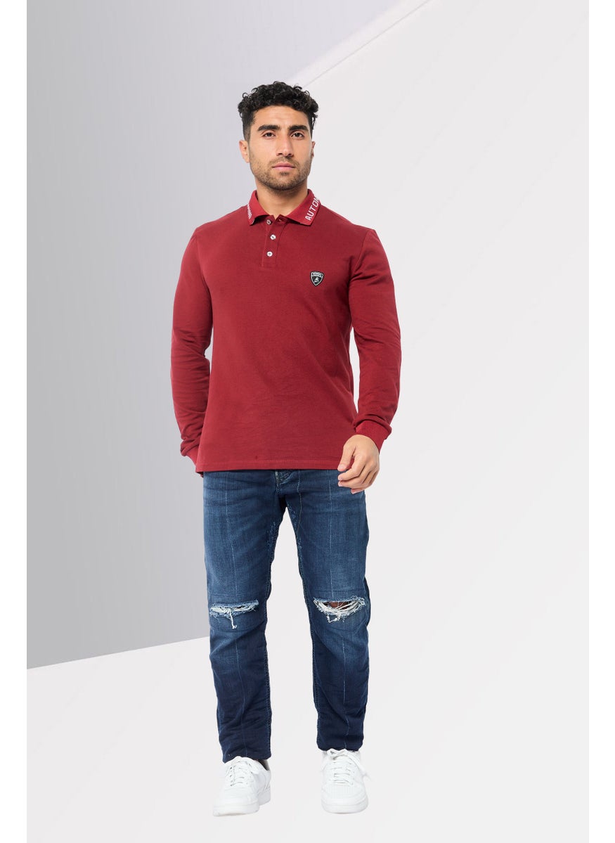 LAMBORGHINI - Men Regular Fit Brand Logo Long Sleeves Polo Shirt, Maroon - Image 1