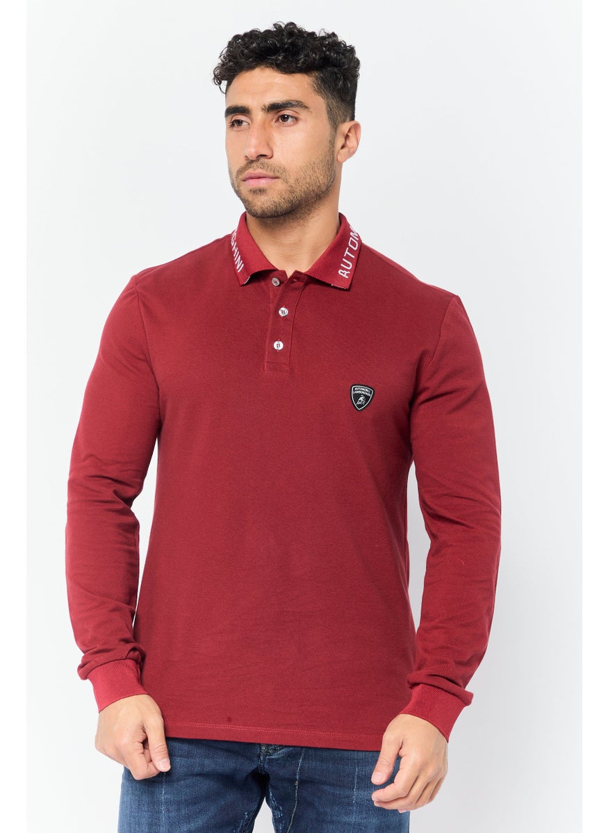 LAMBORGHINI - Men Regular Fit Brand Logo Long Sleeves Polo Shirt, Maroon - Image 1