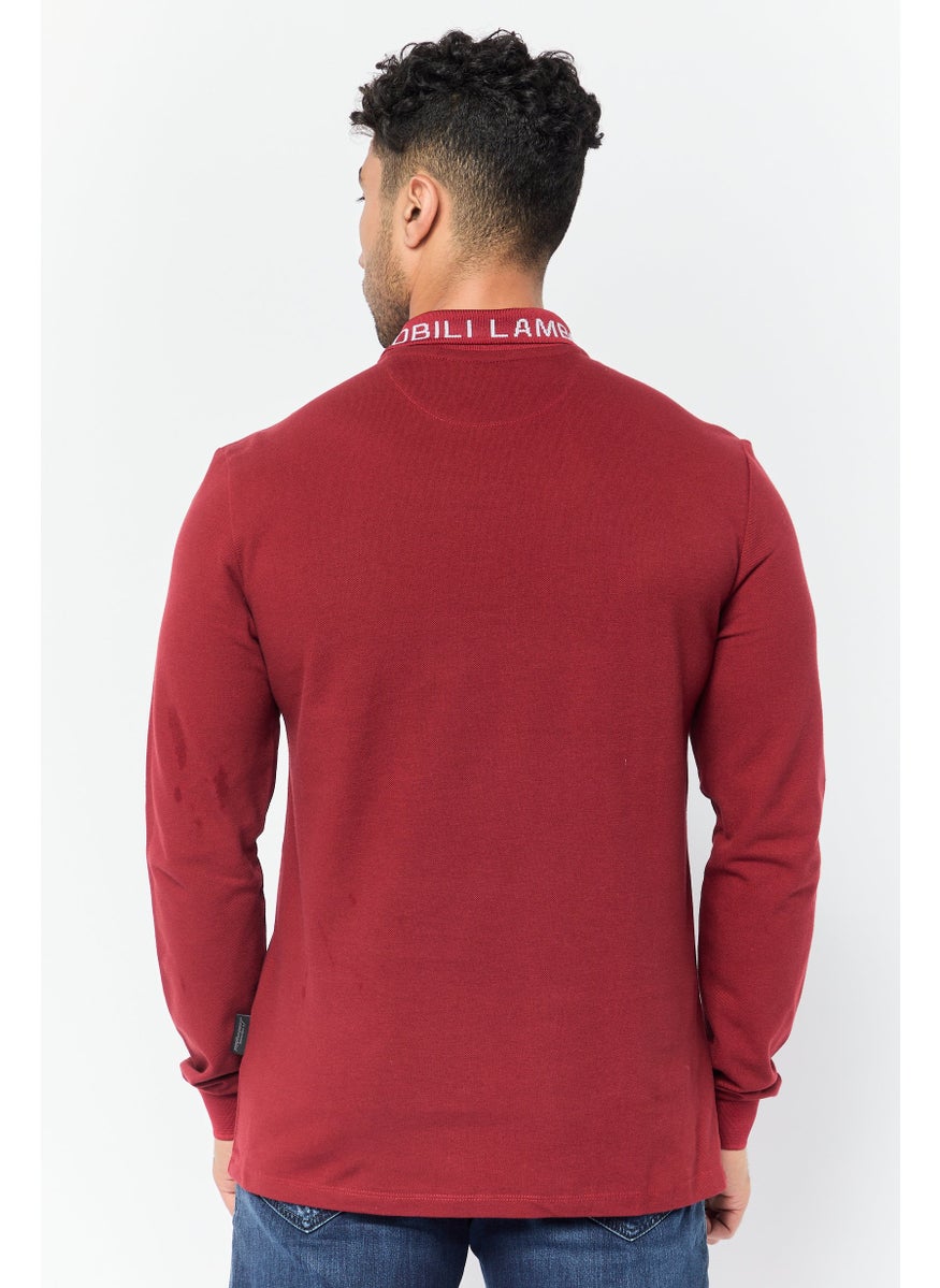 LAMBORGHINI - Men Regular Fit Brand Logo Long Sleeves Polo Shirt, Maroon - Image 1