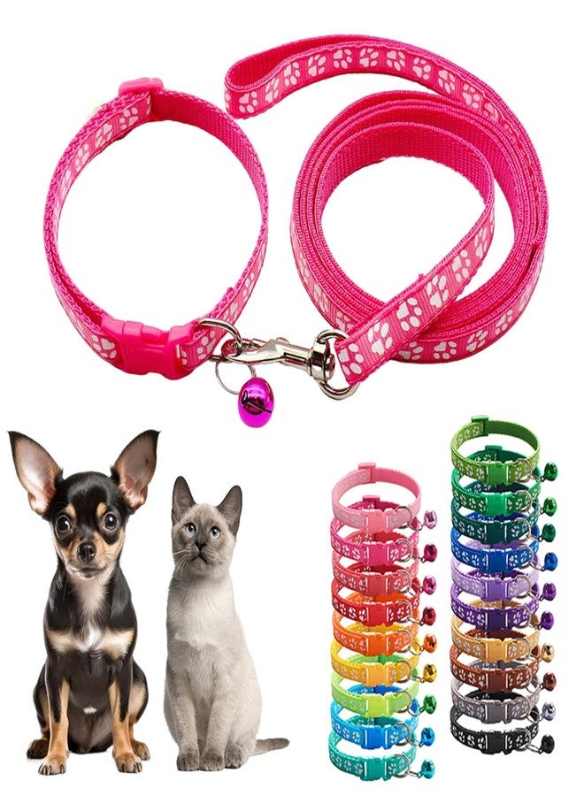 TELEYI XS Dog Collar and Leash Set with Bell,Hot Pink Nylon Paw Cat Collar Girl Female Cute Fancy Puppy Collar with Bells for XXS XS Tiny Little Kitten Boys Pet Dogs,Neck 7-12 Inch - Image 1