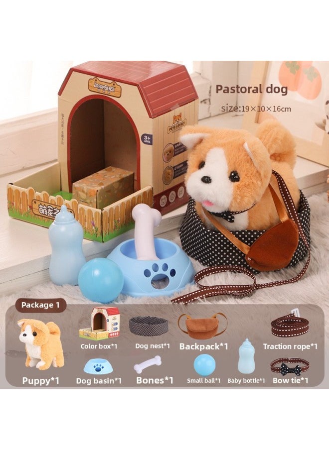 Children's Pet Dog Toy Walking Electric Simulation Plush Dog Will Call Boys And Girls Baby Cute Pet Dog Electronic Dog-Color:Chai Dog Package 1: Standard Kennel Bow Tie 4-piece Set-Specifications:[battery Version] Battery Screwdriver  - Image 1