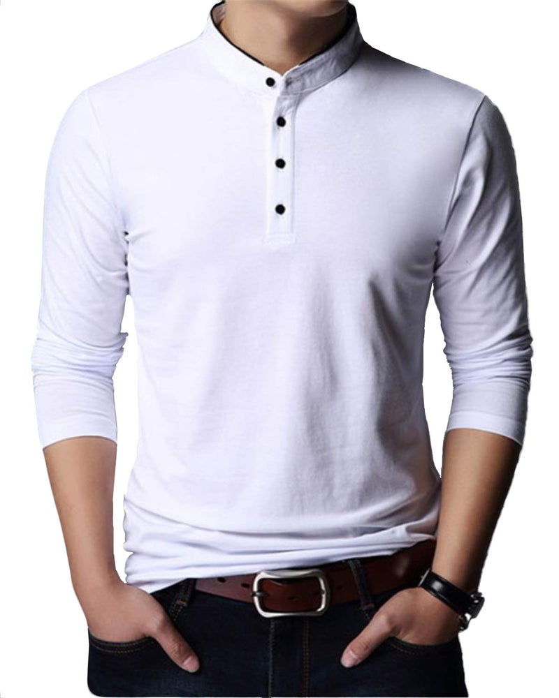 YTD Men's Casual Slim Fit Pure Color Long Sleeve Polo Fashion T-Shirts (US Large, Long Sleeve White) - Image 1