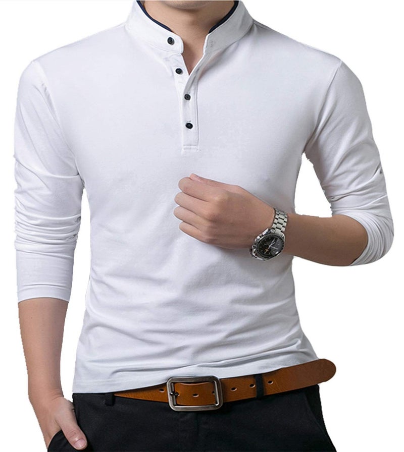 YTD Men's Casual Slim Fit Pure Color Long Sleeve Polo Fashion T-Shirts (US Large, Long Sleeve White) - Image 3