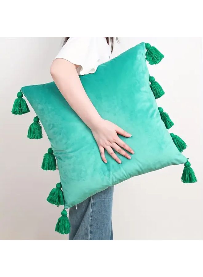 Deep Green Velvet Tassel Throw Pillow Cover 18x18 Inch Geometric Square Cushion Case - Image 5