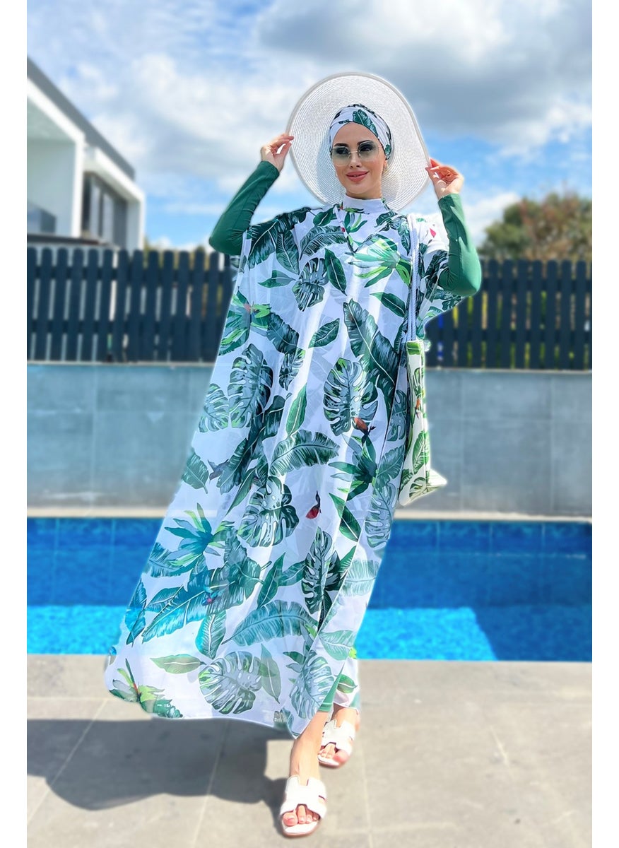 Remsa Mayo Hijab Swimsuit Patterned Single Kaftan Pareo Green Leaves  - Image 1